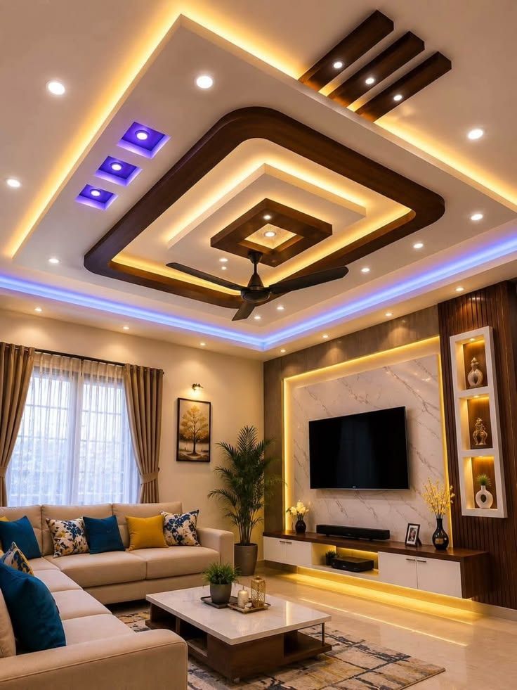 Living room with wooden ceiling