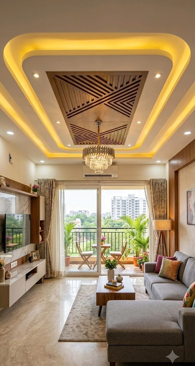 Living room interior with wooden ceiling detail
